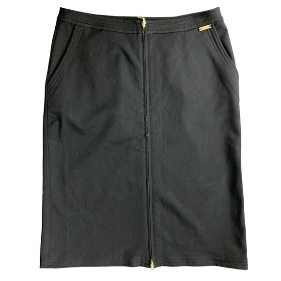 ST. JOHN Black Midi Pencil Skirt Exposed Gold Zippers US 12 - Picture 3 of 7